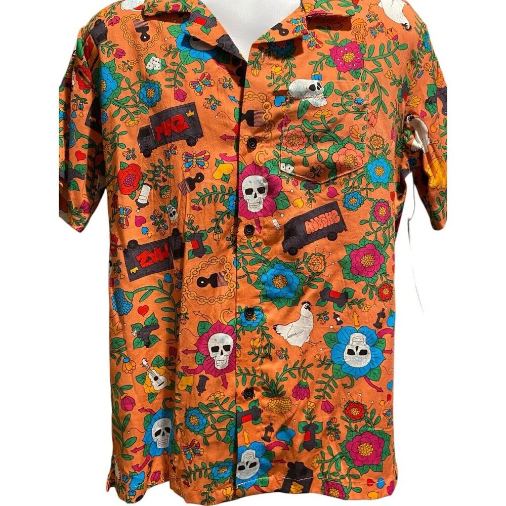 Roberto Lugo All Gender Floral Skulls Trucks Printed Rayon Button Down Shirt M - Picture 2 of 8